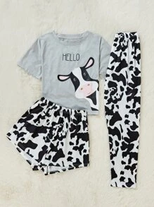 Letter And Cow Pattern Tee & Cow Print Shorts & Trousers PJ Set - Multicolor - View 3