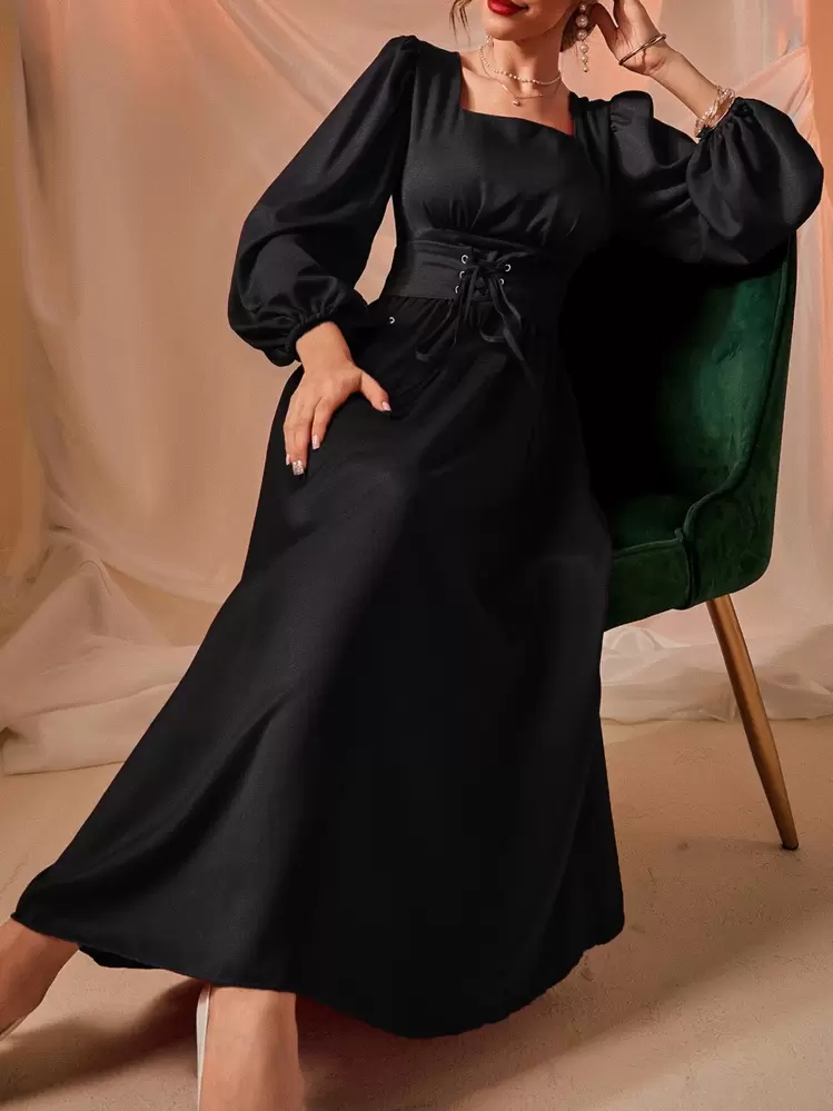 Modelyn ドレス スクエアネック ランタンスリーブ レースアップフロント - ブラック - 見る 1