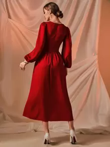 Modelyn Burgundy Red Square Neck Lantern Sleeve Lace Up Front Dress Maxi Women Outfit - Burgundy - View 2