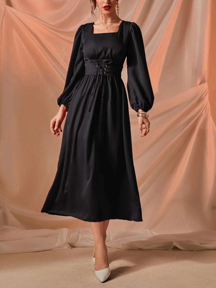 Modelyn ドレス スクエアネック ランタンスリーブ レースアップフロント - ブラック - 見る 4