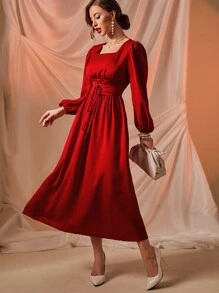 Modelyn Burgundy Red Square Neck Lantern Sleeve Lace Up Front Dress Maxi Women Outfit - Burgundy - View 4