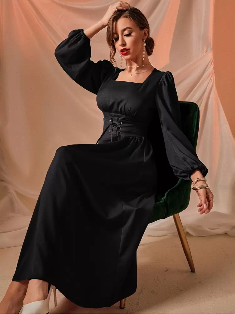 Modelyn ドレス スクエアネック ランタンスリーブ レースアップフロント - ブラック - 見る 6