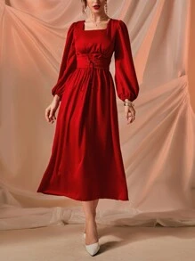 Modelyn Burgundy Red Square Neck Lantern Sleeve Lace Up Front Dress Maxi Women Outfit - Burgundy - View 5