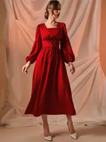 Modelyn Burgundy Red Square Neck Lantern Sleeve Lace Up Front Dress Maxi Women Outfit - Burgundy - View 6