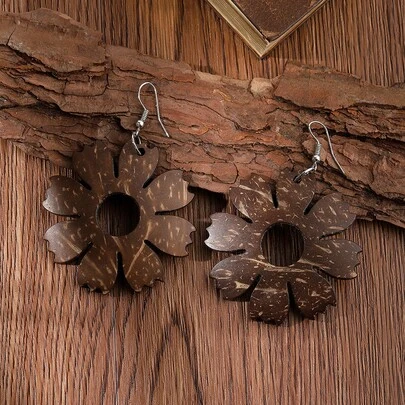 花朵掛飾木頭耳墜