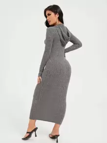 SHEIN SXY 抽繩細節羅紋針織連帽連衣裙 - 灰色 - 查看 2