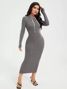 SHEIN SXY 抽繩細節羅紋針織連帽連衣裙 - 灰色 - 查看 4