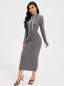 SHEIN SXY 抽繩細節羅紋針織連帽連衣裙 - 灰色 - 查看 5
