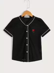 SHEIN Boys Floral Embroidered Contrast Binding Shirt - Black - View 1