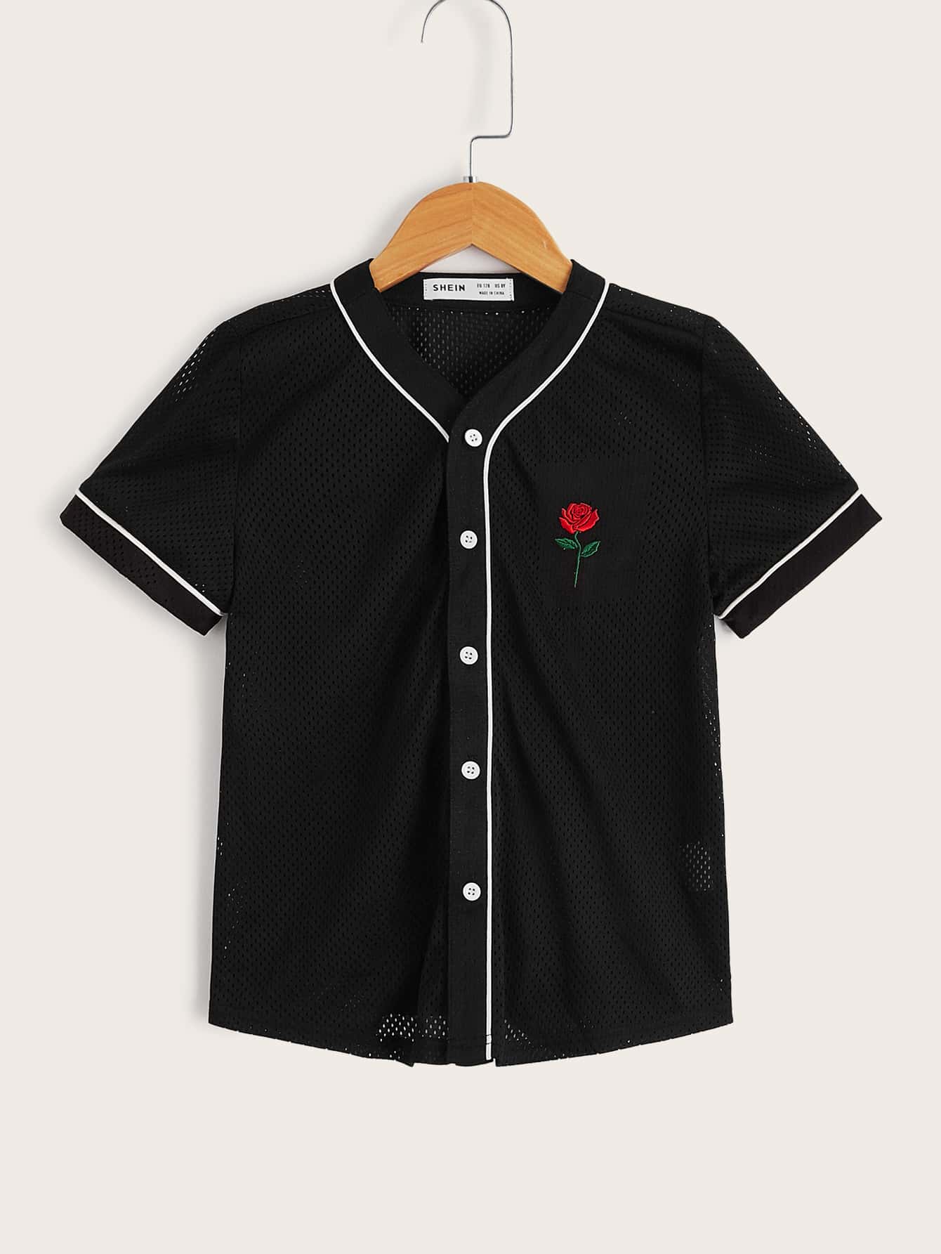 SHEIN 男孩花卉刺繡撞色滾邊襯衫 - 黑色 - 查看 1