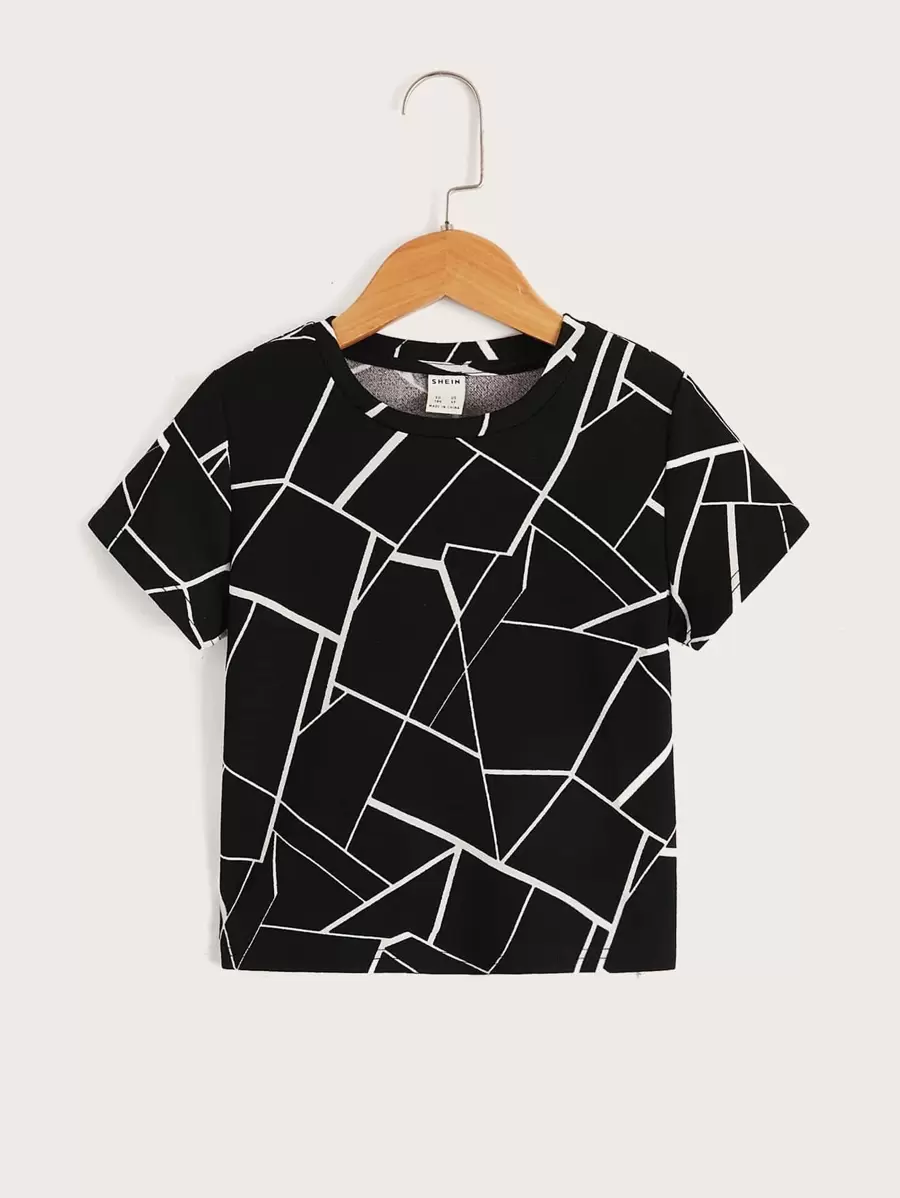 SHEIN 小男童幾何印花T恤 - 黑色 - 查看 1