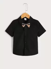 SHEIN 年轻男孩时尚学院风蝴蝶结细节衬衫 - 黑色 - 查看 1