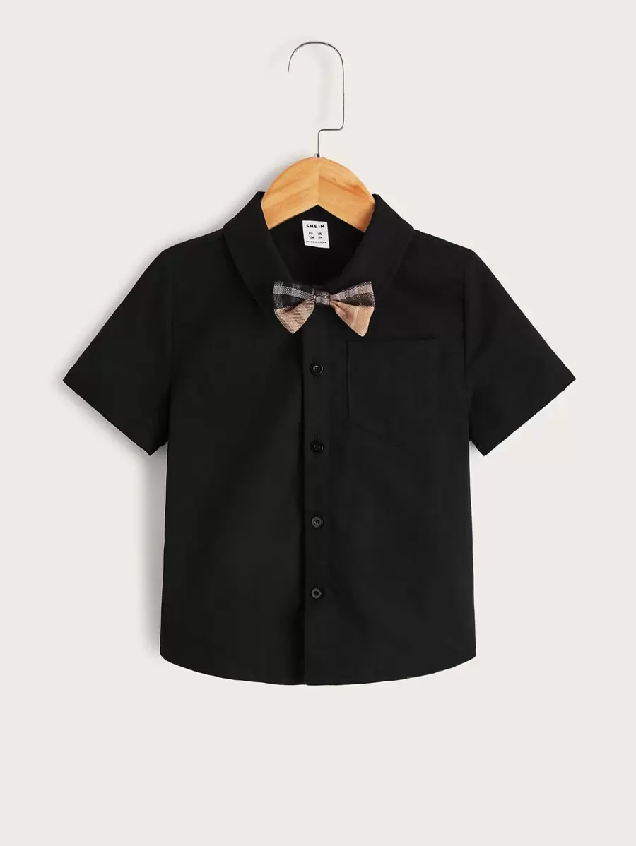 SHEIN 年轻男孩时尚学院风蝴蝶结细节衬衫 - 黑色 - 查看 1