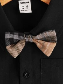 SHEIN 年轻男孩时尚学院风蝴蝶结细节衬衫 - 黑色 - 查看 3