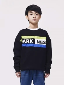 男孩字母圖案撞色落肩袖保暖套頭衫 - 黑色 - 查看 1