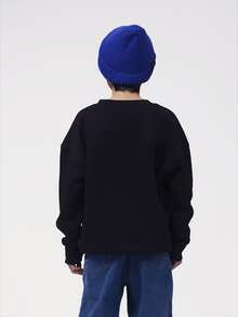 男孩字母圖案撞色落肩袖保暖套頭衫 - 黑色 - 查看 2