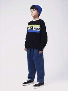 男孩字母圖案撞色落肩袖保暖套頭衫 - 黑色 - 查看 3