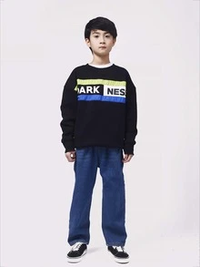 男孩字母圖案撞色落肩袖保暖套頭衫 - 黑色 - 查看 4