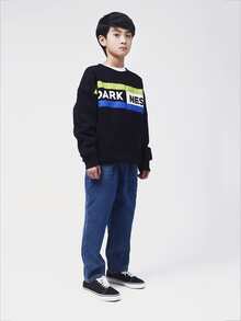 男孩字母圖案撞色落肩袖保暖套頭衫 - 黑色 - 查看 5