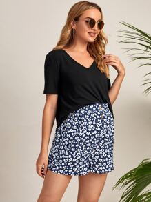 SHEIN Maternidad camiseta escote V con shorts con botón con estampado de leopardo - Multicolor - Ver 4