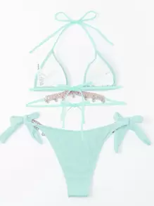 Conjunto de bikini textureado de verano con cadena de strass, top de triángulo y Bottom atada a los lados, 2 piezas - Azul menta - Ver 2