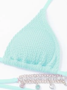 Conjunto de bikini textureado de verano con cadena de strass, top de triángulo y Bottom atada a los lados, 2 piezas - Azul menta - Ver 3