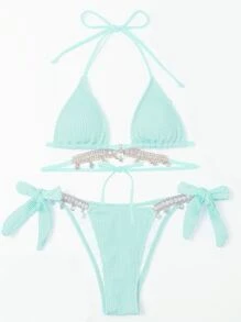 Conjunto de bikini textureado de verano con cadena de strass, top de triángulo y Bottom atada a los lados, 2 piezas - Azul menta - Ver 5