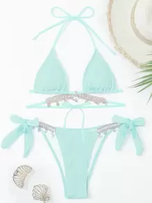 Conjunto de bikini textureado de verano con cadena de strass, top de triángulo y Bottom atada a los lados, 2 piezas - Azul menta - Ver 6