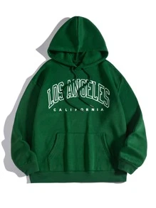 SHEIN EZwear Áo hoodie ấm áp Đồ họa Chữ cái Túi kangaroo Dây rút - màu xanh lá - Xem 1