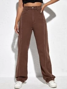 Jeans de talle alto ribete crudo - Marrón Chocolate - Ver 1