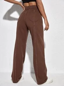 Jeans de talle alto ribete crudo - Marrón Chocolate - Ver 2