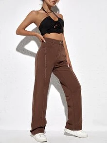 Jeans de talle alto ribete crudo - Marrón Chocolate - Ver 3