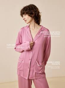 LUVLETTE Bộ đồ ngủ Nữ Túi Tương phản ràng buộc Nút phía trước màu trơn Giải trí - Bụi hồng - Xem 3