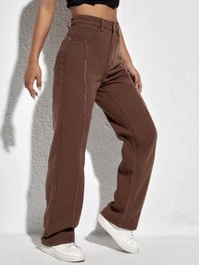 Jeans de talle alto ribete crudo - Marrón Chocolate - Ver 5