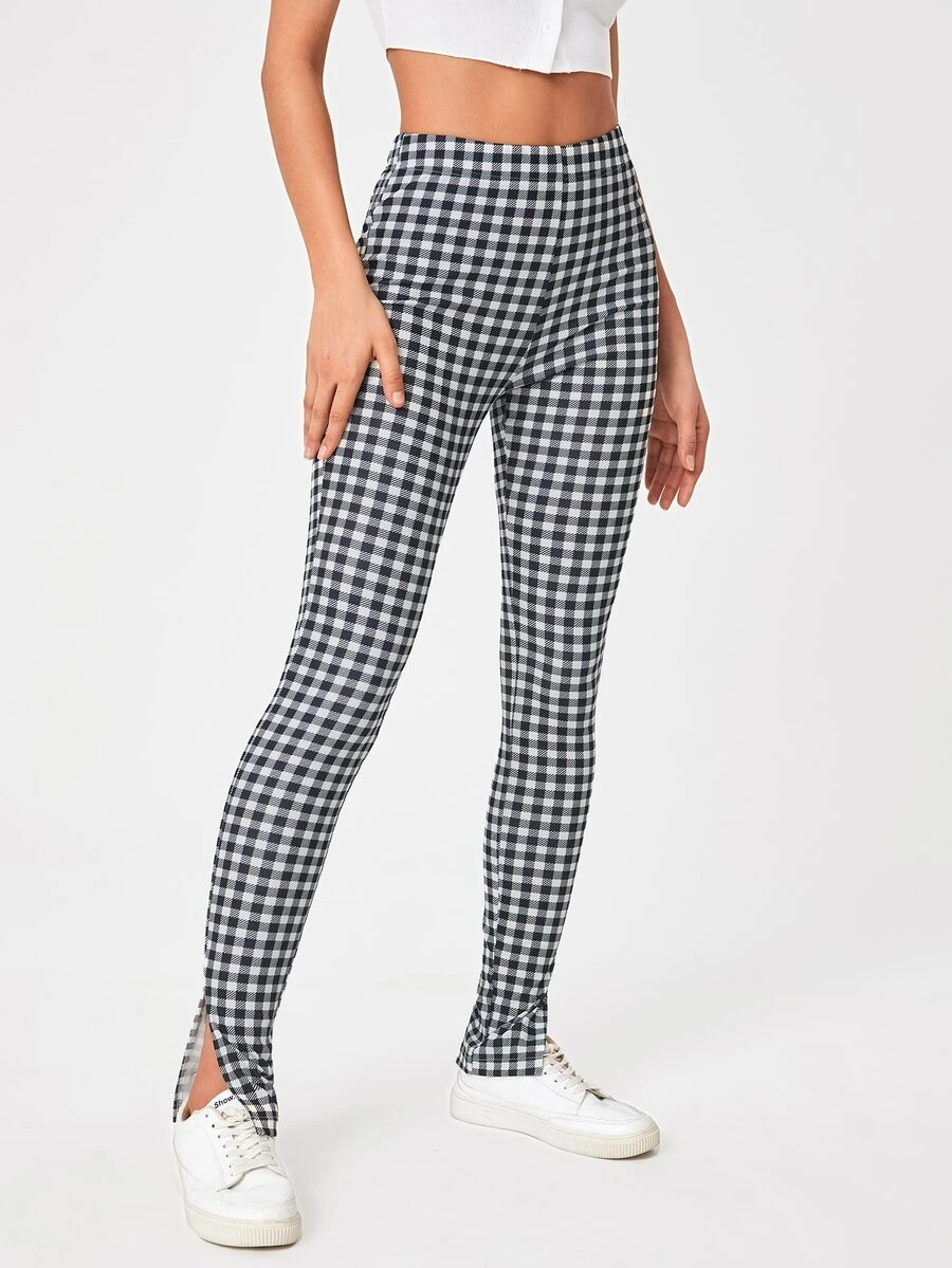 SHEIN Tall 雙色格子下擺開叉緊身褲 - 黑與白 - 查看 1
