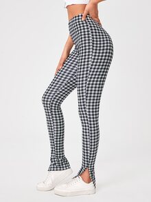 SHEIN Tall 雙色格子下擺開叉緊身褲 - 黑與白 - 查看 3