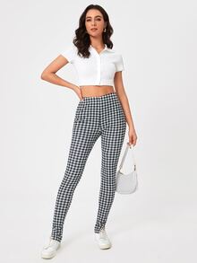 SHEIN Tall 雙色格子下擺開叉緊身褲 - 黑與白 - 查看 5