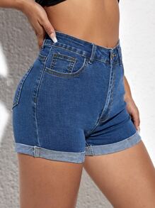 Flexra High Waist Roll Up Hem Denim Shorts - Medium Wash - View 5