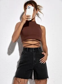 SHEIN EZwear Shorts en mezclilla bajo crudo de talle alto