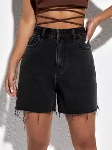 SHEIN EZwear Shorts en mezclilla bajo crudo de talle alto