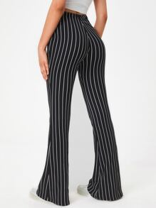 SHEIN Tall 高腰條紋印花喇叭褲 - 黑色 - 查看 2