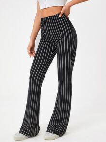 SHEIN Tall 高腰條紋印花喇叭褲 - 黑色 - 查看 3