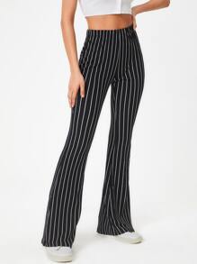 SHEIN Tall 高腰條紋印花喇叭褲 - 黑色 - 查看 4