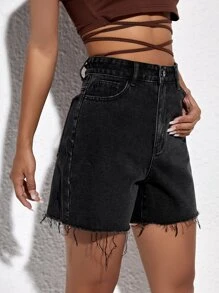 SHEIN EZwear Shorts en mezclilla bajo crudo de talle alto