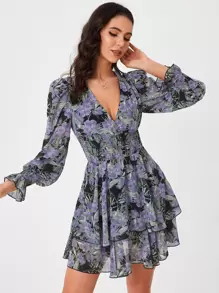 SHEIN Tall 滿版印花荷葉袖抽褶細節多層下擺洋裝 - 彩色 - 查看 1