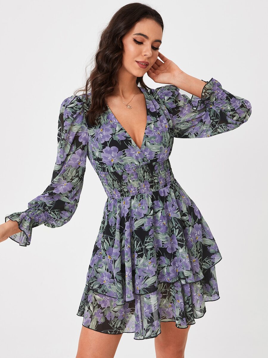 SHEIN Tall 滿版印花荷葉袖抽褶細節多層下擺洋裝 - 彩色 - 查看 1