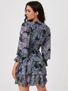 SHEIN Tall 滿版印花荷葉袖抽褶細節多層下擺洋裝 - 彩色 - 查看 2