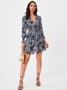 SHEIN Tall 滿版印花荷葉袖抽褶細節多層下擺洋裝 - 彩色 - 查看 3