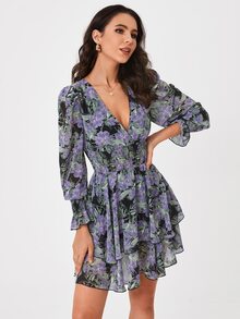 SHEIN Tall 滿版印花荷葉袖抽褶細節多層下擺洋裝 - 彩色 - 查看 4