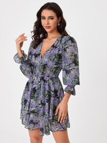 SHEIN Tall 滿版印花荷葉袖抽褶細節多層下擺洋裝 - 彩色 - 查看 5